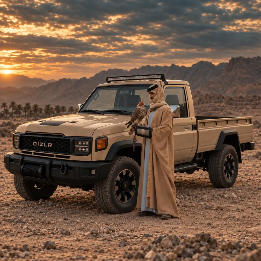 صورة تصورية — صقّار يحمل صقرًا بجوار ديزلر عند غروب الشمس