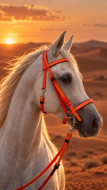 خيل عربي أبيض بلجام برتقالي