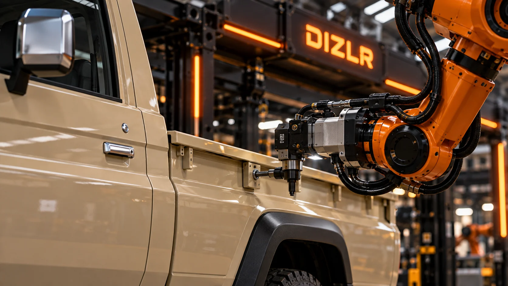 Concept close-up of a robotic fastening tool beside a CRUISE body